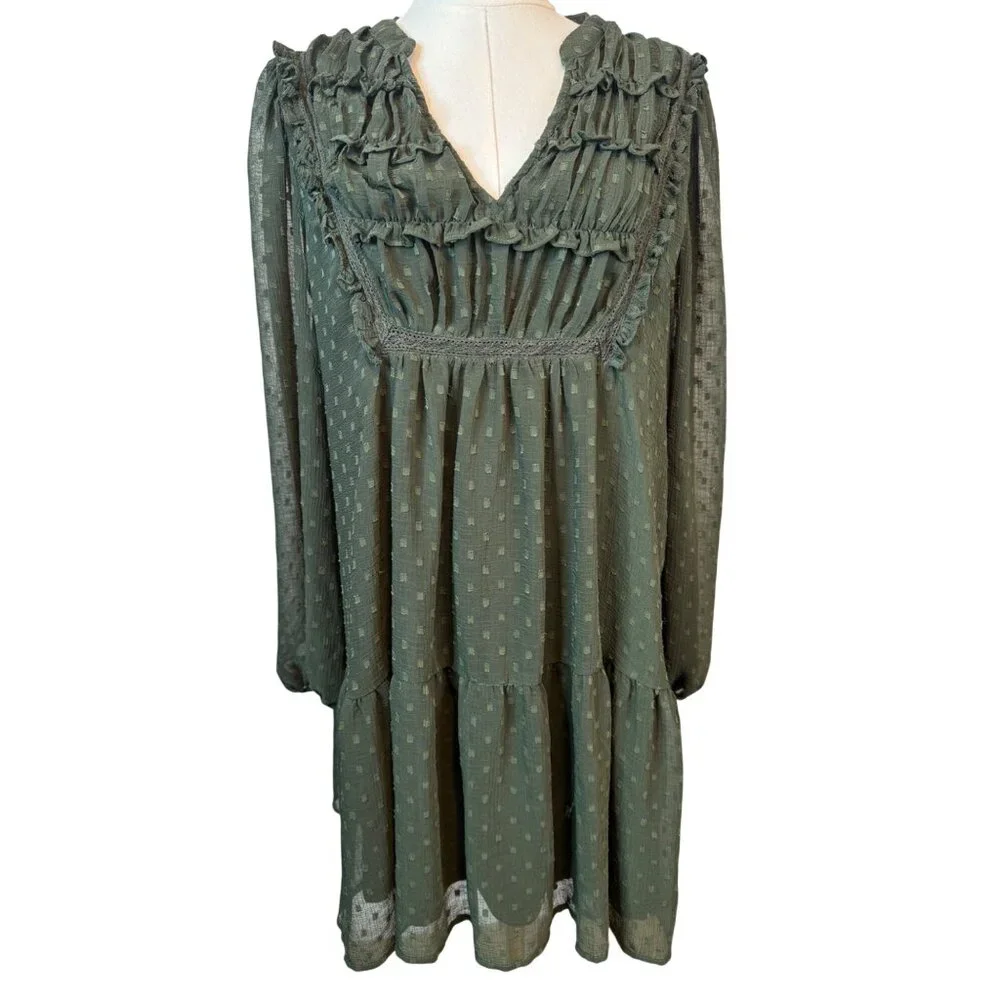 2/$30 ZARA Olive Green Small Sheer Textured Long Sleeve Dress - Picture 13 of 15